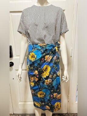 WJ MARTIN 100% Cotton Made In Italy Floral Blue & Yellow Wrap Dress Sz 40